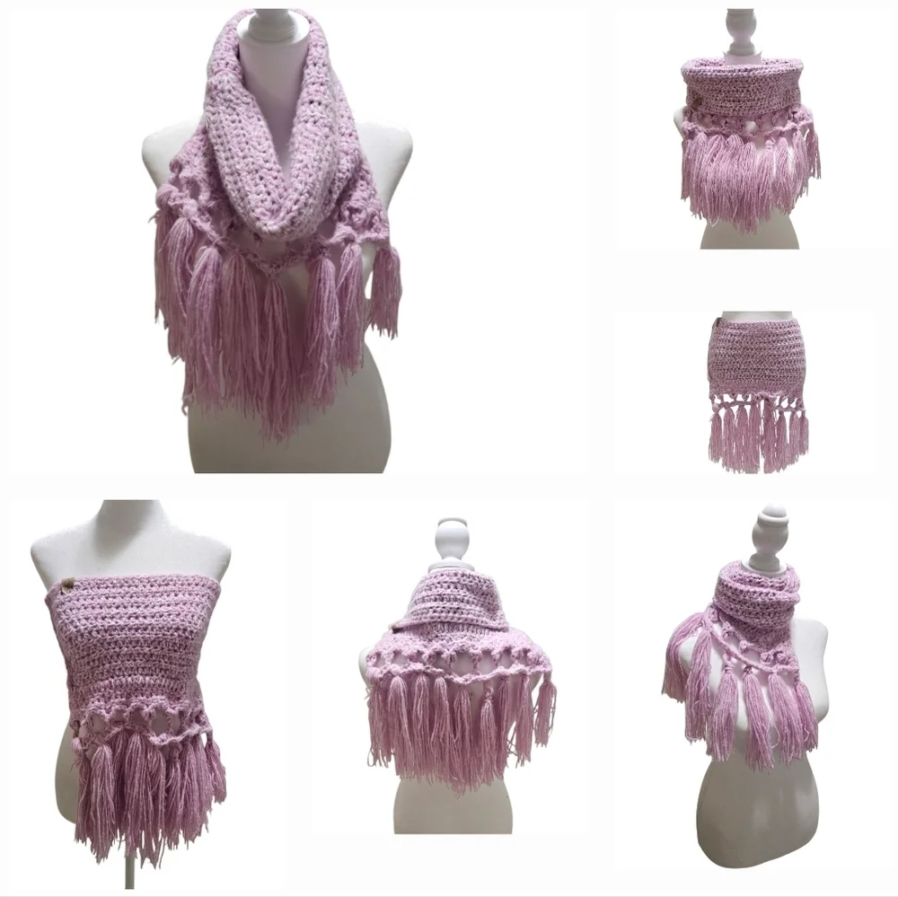 Hand Crafted Crochet 2-piece Set Fringe Scarf & Winter beanie Purple chunky knit